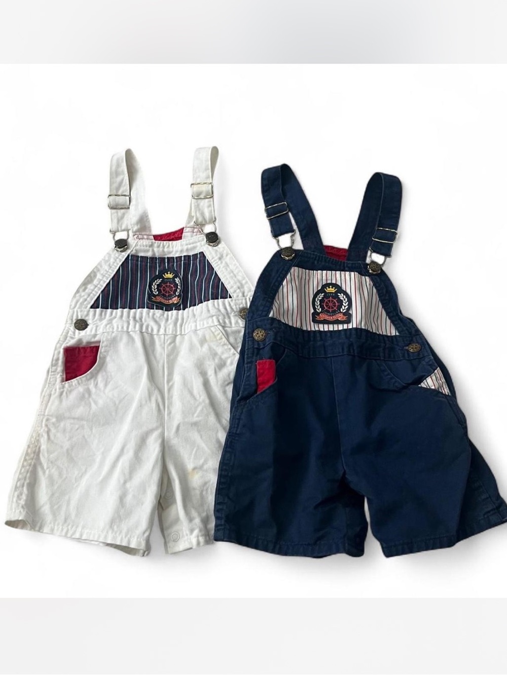 90s Vintage OshKosh B'gosh Short All Overalls Nautical Stripes Lot of 2 Size 2T